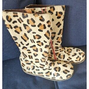 New Mini Boden Boots Girls Size 37 EUR 5 US Beige Leopard Print Calf Hair Zip Up